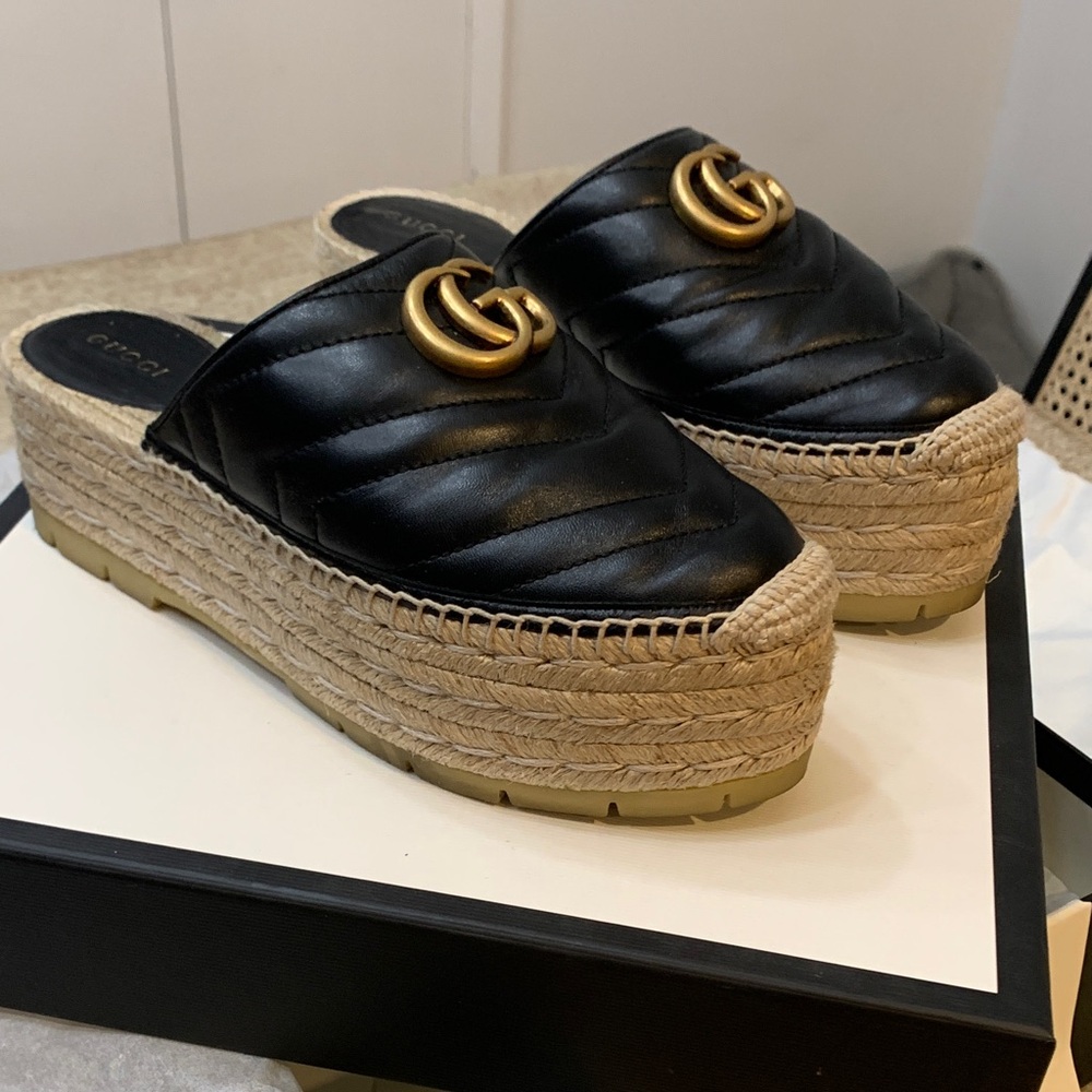 Gucci Black and Gold Espadrille Platform Slides